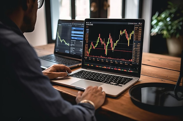 Man looking at a laptop screen displaying stock charts