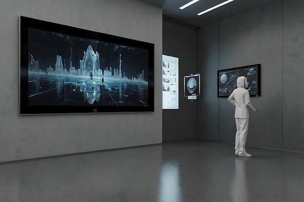 a man looking at a large painting in a museum with the word  the time  on it