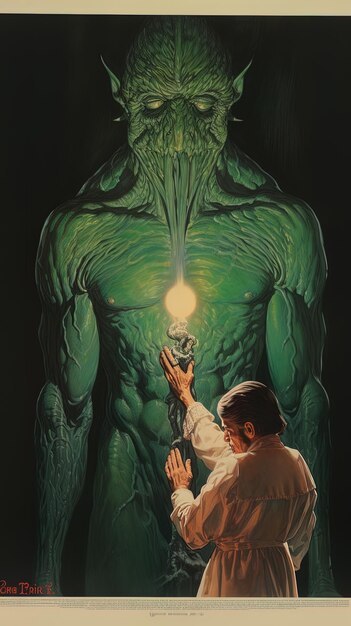 Photo a man looking at a light bulb in front of a green monster