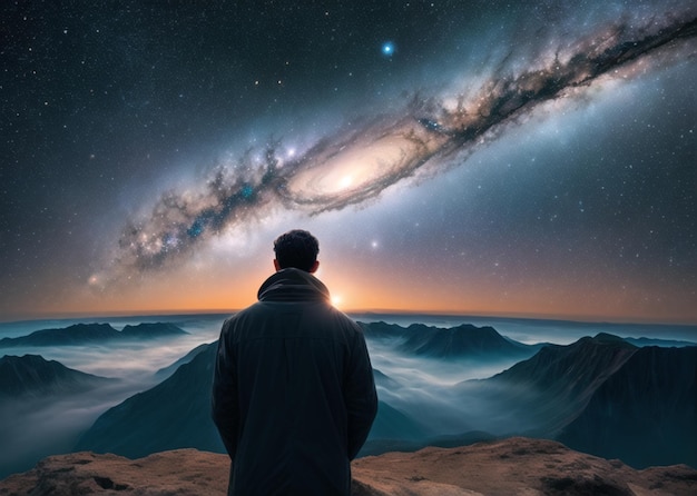 A man looking at the milky way galaxy above a mountain