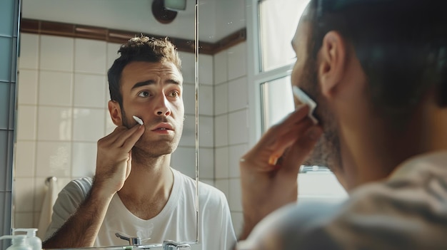 Photo man looking in mirror and checking his stubble in bathroom