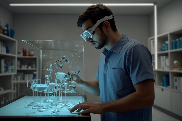 Photo a man looking at a model of a laboratory with a glass of liquid in it