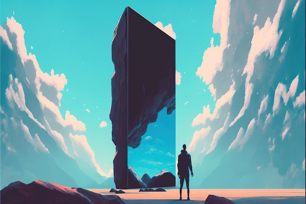 Foto un uomo che guarda il monolite che galleggia nel cielo in stile arte digitale illustrazione pittura
