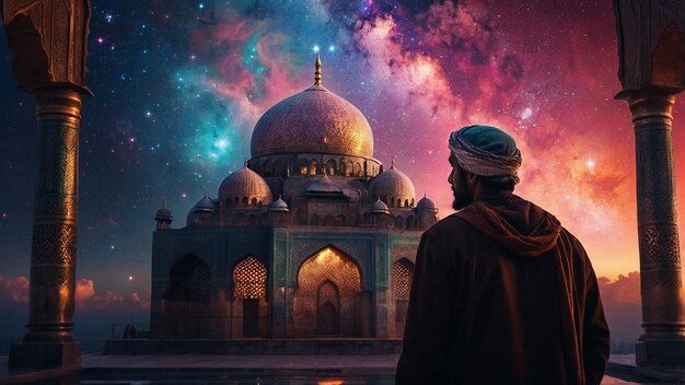 a man looking at a mosque with a beautiful sky