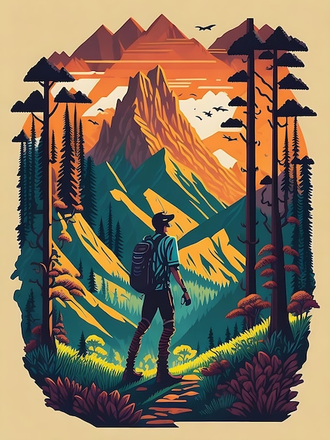 Man looking to the mountain peaks mountains trees and hills on background vector poster template