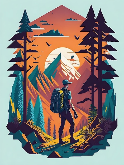 Man looking to the mountain peaks mountains trees and hills on background vector poster template