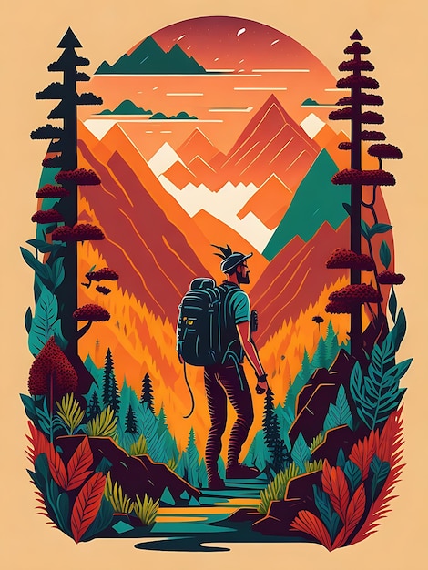 Man looking to the mountain peaks mountains trees and hills on background vector poster template