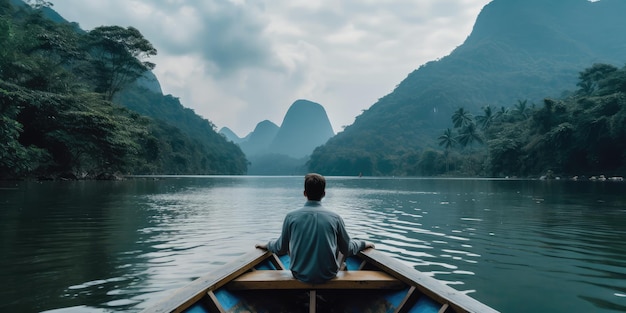 man looking at mountain view while sitting on boat