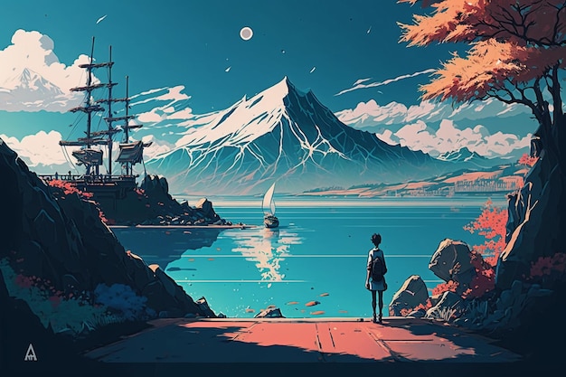 Foto un uomo che guarda una montagna con una nave sullo sfondo
