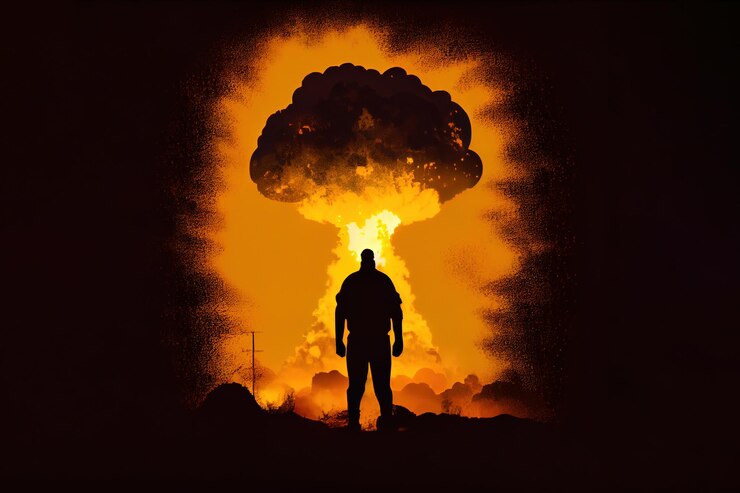 Man looking at nuclear explosion Generative Ai