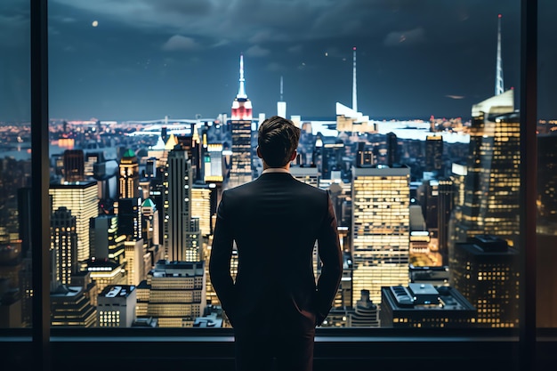 man looking out over the city of New York travel man with landscape travel blog