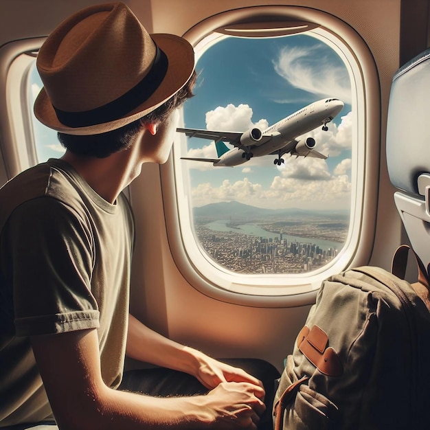 a man looking out a window of an airplane with a fedex plane in the background