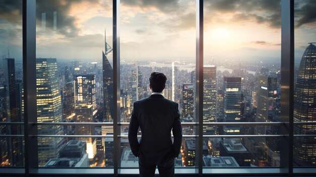 Photo a man looking out of a window at the city