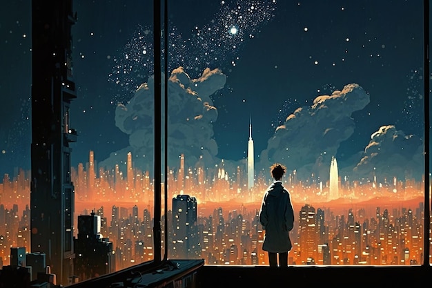 A man looking out a window at a cityscape with a night sky and a cityscape in the background.