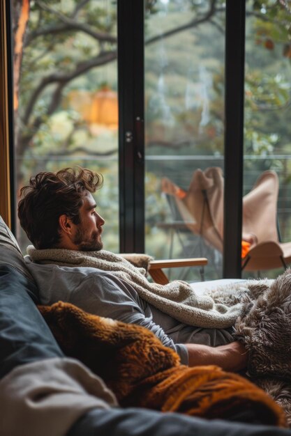 Man looking out the window in deep thought