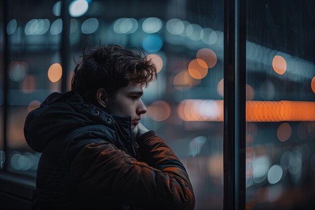 Foto un uomo che guarda fuori da una finestra di notte