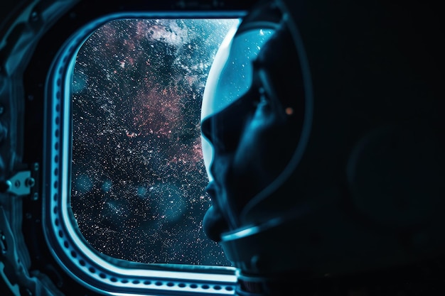 Photo a man looking out a window at a space filled with stars
