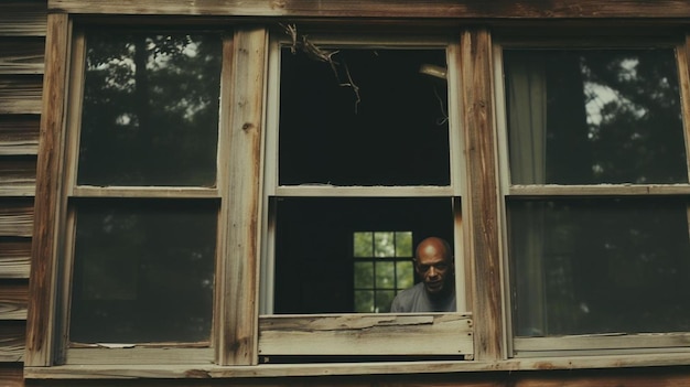 Photo a man looking out of a window with a bald head