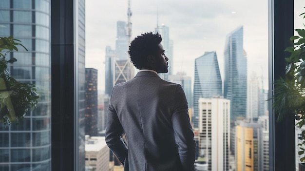 a man looking out a window with a city in the background