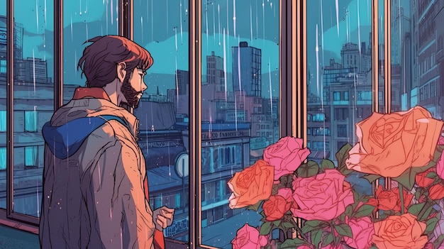 A man looking out a window with flowers in the foreground.