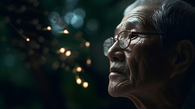 A man looking out a window with a string of lights on his face.