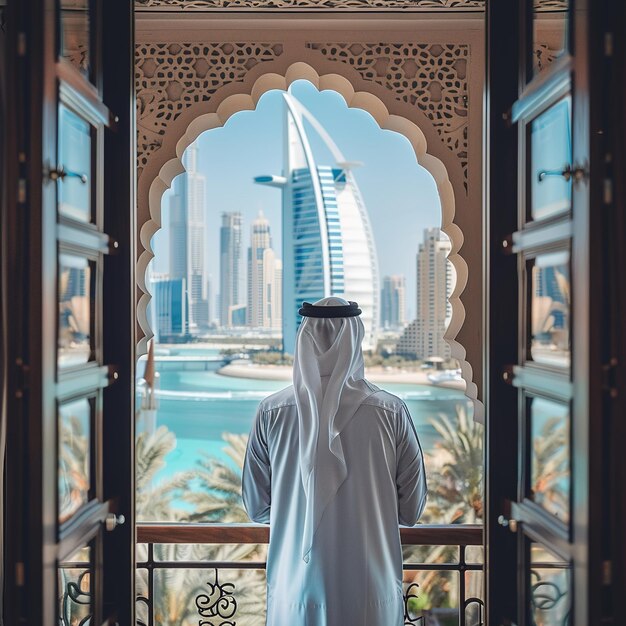 Photo a man looking out a window with the word hotel on it