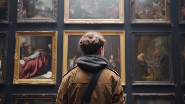 a man looking at paintings in an art museum