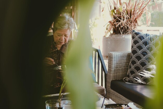 Photo man looking at potted plant on table