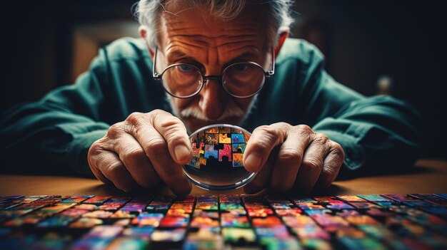 A man looking at puzzles through a magnifying glass ai