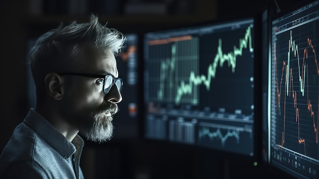 Man looking at a screen with a green graph on it