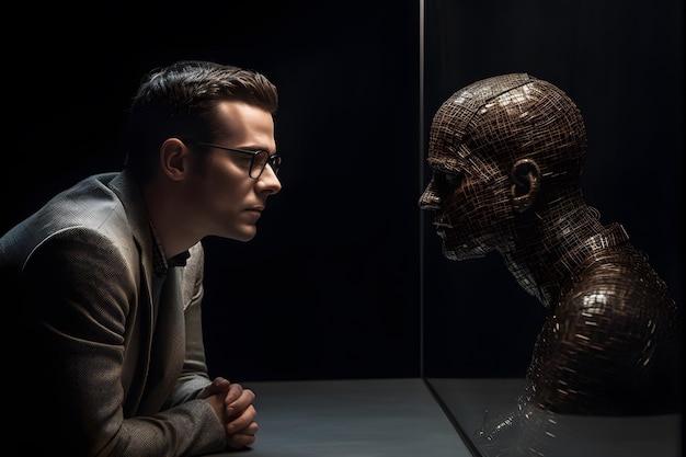 Photo a man looking at a sculpture of a head