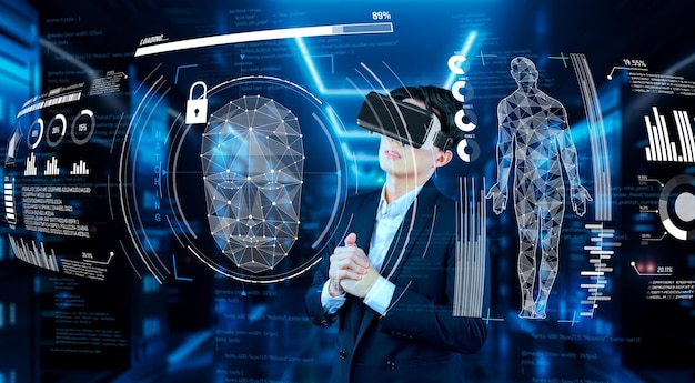 man looking at security system hologram and standing at data center ingenuity