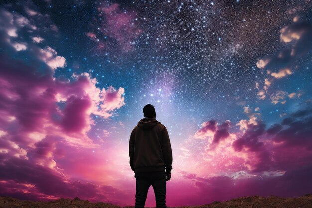 Man looking at the sky with nebulae and constellations sky with pink and purple hue generative AI