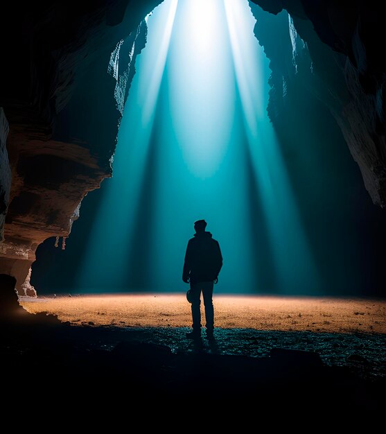 Man looking at the starry night from a cave