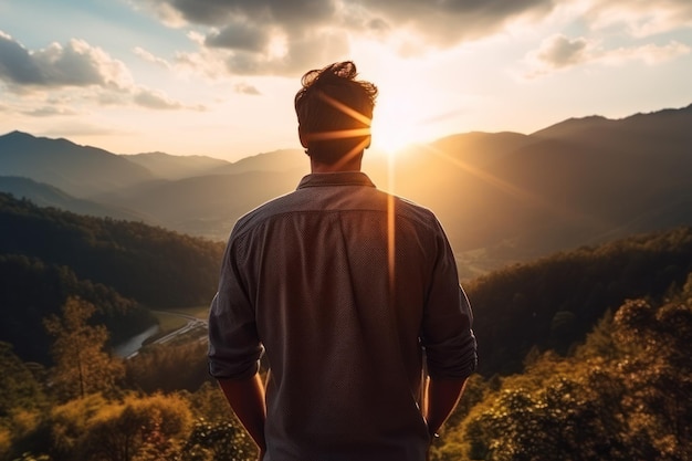 背中から見える山の太陽を見ている男