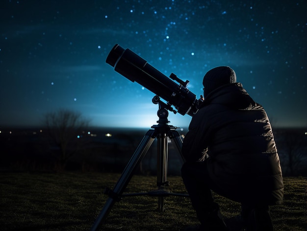 a man looking at a telescope at night with the stars in the background