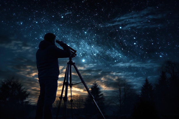 Foto uomo che guarda attraverso un telescopio astronomico le stelle nel cielo notturno galassia della via lattea ai generativo