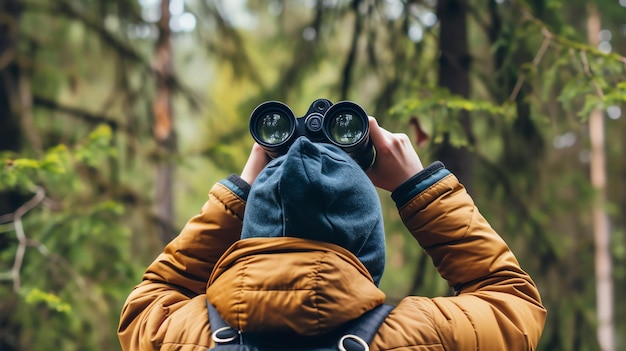 Foto l'uomo che guarda attraverso il binocolo nella foresta indossa una giacca marrone e uno zaino blu gli alberi sono verdi e lussureggianti