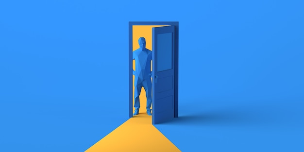 Man looking through open door. Copy space. 3D illustration.