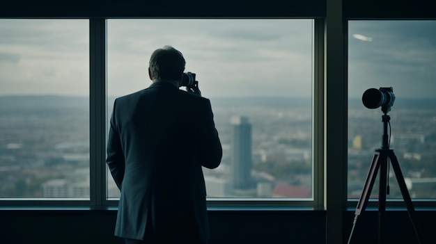 Man looking through the window and holding a binoculars Generative Ai