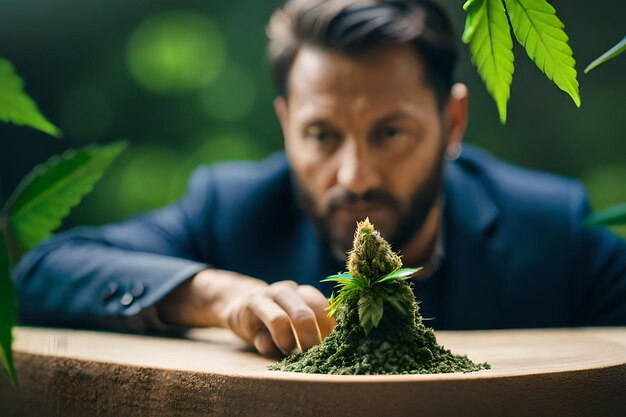 man looking at a tree made of clay