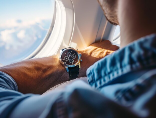 Foto uomo che guarda l'orologio in volo