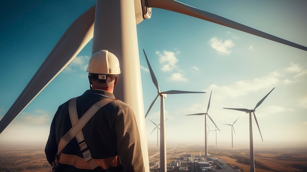 a man looking at wind turbines