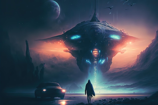 A man looks at an alien ship UFO