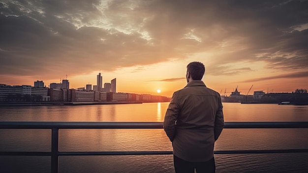 A man looks at a city skyline at sunset
