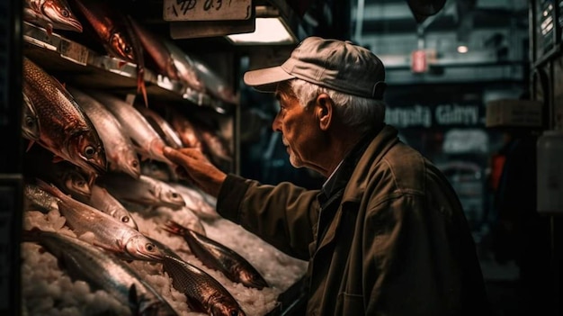 A man looks at a fish on a stand