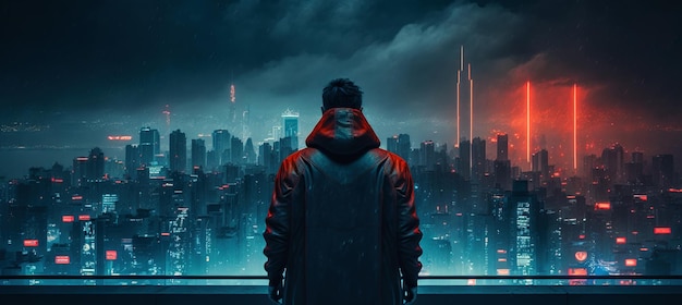 Teenager Standing on a Roof in Cyberpunk City Illustration Wallpaper  Generative AI Stock Illustration