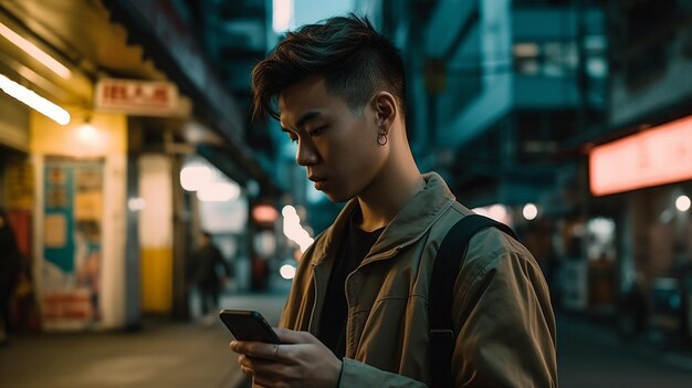 Photo a man looks at his phone while standing in the street at night.