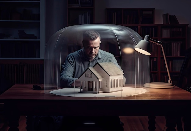 A man looks at a house under a lamp.