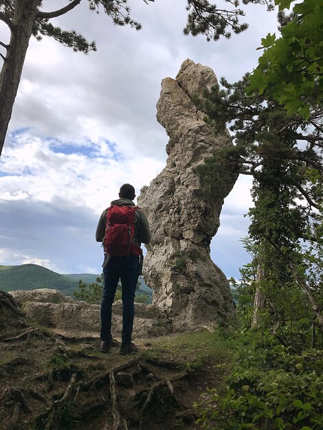 Photo man looks at a natural monument